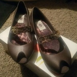 Brown open front shoes